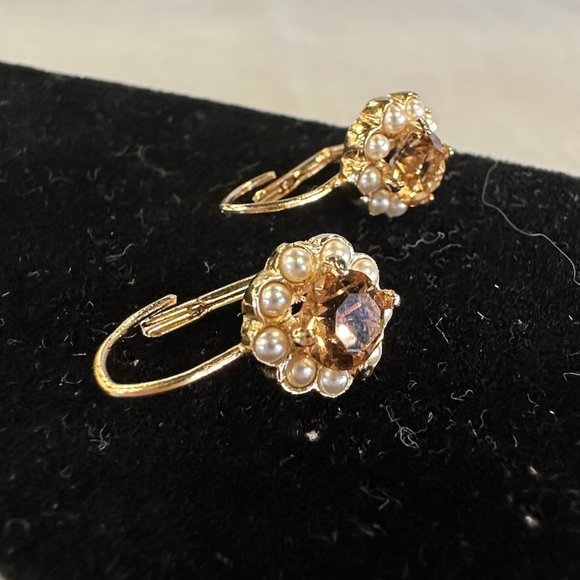 Vintage Citrine and seed Pearl Gold Tone Earrings - Picture 7 of 9